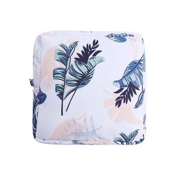Girls Portable Sanitary Napkin Storage Bag Cosmetic Lipstick Bag (White Leaf)