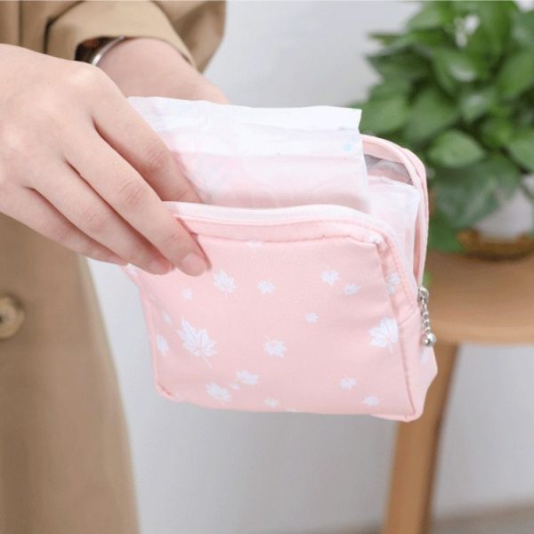 Girls Portable Sanitary Napkin Storage Bag Cosmetic Lipstick Bag (White Leaf) - Image 6