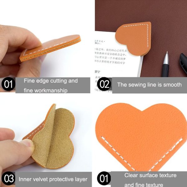 Mini Business Student Library Portable PU Leather Heart Shaped Bookmark (Light Pink) - Image 4