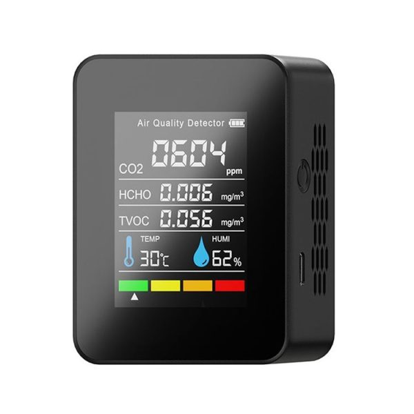 5 In 1 Temperature Humidity TVOC HCHO CO2 Large Screen Display Power Digital Air Quality Monitor (Black)