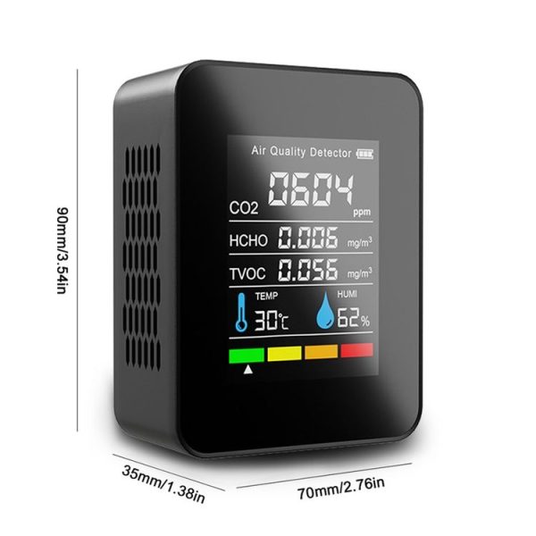 5 In 1 Temperature Humidity TVOC HCHO CO2 Large Screen Display Power Digital Air Quality Monitor (Black) - Image 2