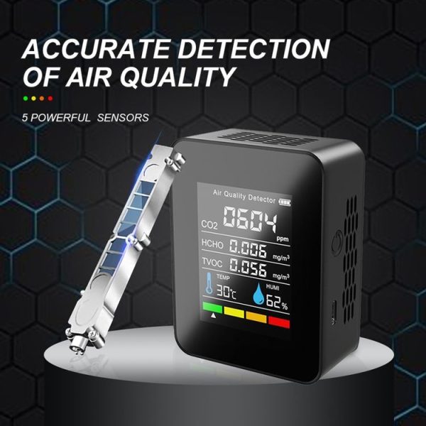5 In 1 Temperature Humidity TVOC HCHO CO2 Large Screen Display Power Digital Air Quality Monitor (Black) - Image 5