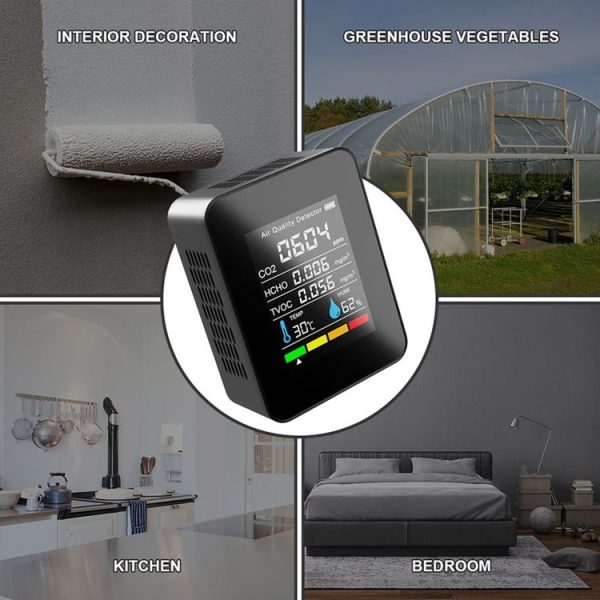 5 In 1 Temperature Humidity TVOC HCHO CO2 Large Screen Display Power Digital Air Quality Monitor (Black) - Image 7