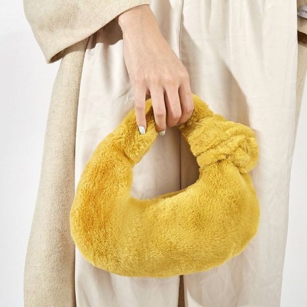 H6725 Autumn and Winter Rabbit Fleece Handbag Knotted Plush Tote (Ginger)