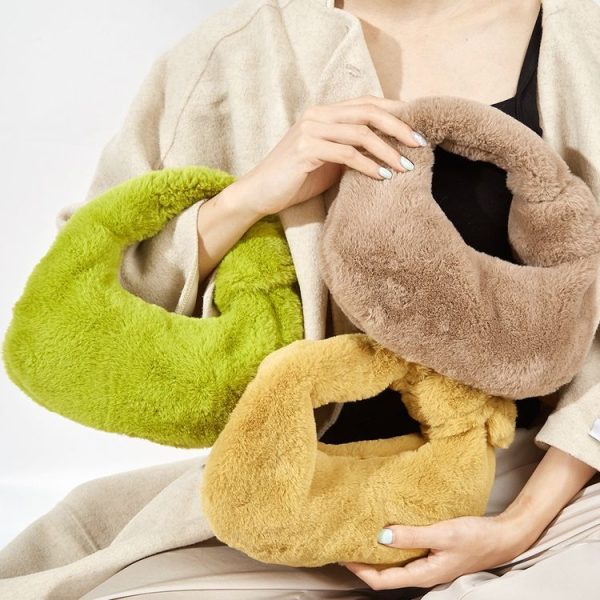 H6725 Autumn and Winter Rabbit Fleece Handbag Knotted Plush Tote (Ginger) - Image 6