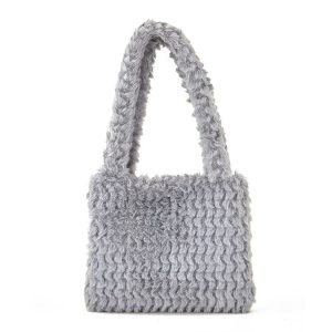 H6302-1 Autumn and Winter Plush Plaid Small Handbag (Light Grey)