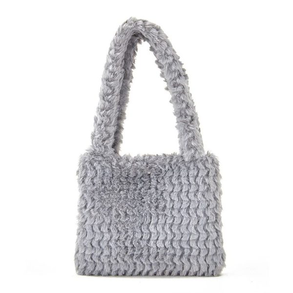 H6302-1 Autumn and Winter Plush Plaid Small Handbag (Light Grey)