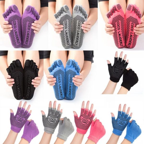 Non-slip Open Finger Yoga Sports Gloves+Five Finger Yoga Socks Set, Size: One Size (Black) - Image 2