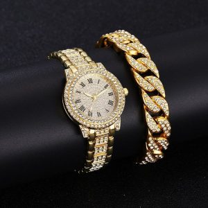 Full Diamond Roman Literal Steel Strap Quartz Watch, Color: Gold+Bracelet