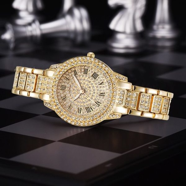 Full Diamond Roman Literal Steel Strap Quartz Watch, Color: Gold+Bracelet - Image 2