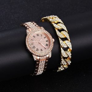 Full Diamond Roman Literal Steel Strap Quartz Watch, Color: Rose Gold+Bracelet