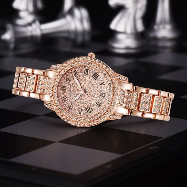 Full Diamond Roman Literal Steel Strap Quartz Watch, Color: Rose Gold+Bracelet - Image 2