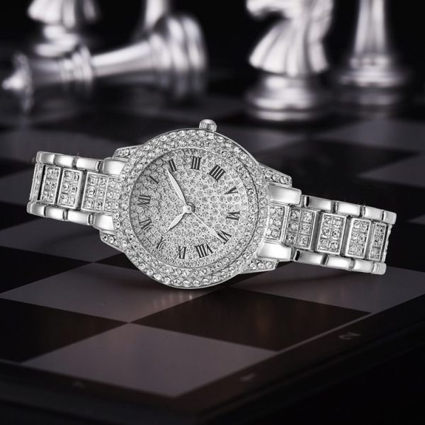 Full Diamond Roman Literal Steel Strap Quartz Watch, Color: Silver+Bracelet - Image 2
