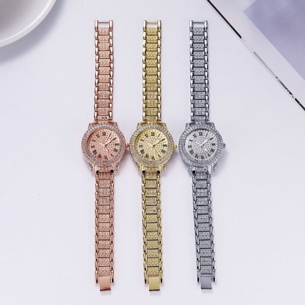 Full Diamond Roman Literal Steel Strap Quartz Watch, Color: Silver+Bracelet - Image 3
