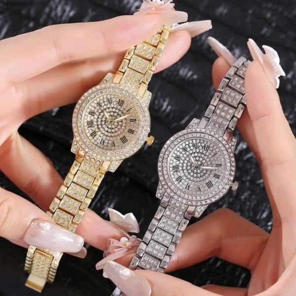 Full Diamond Roman Literal Steel Strap Quartz Watch, Color: Silver+Bracelet - Image 4
