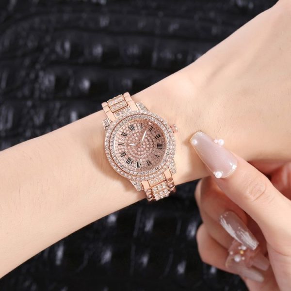 Full Diamond Roman Literal Steel Strap Quartz Watch, Color: Silver+Bracelet - Image 5