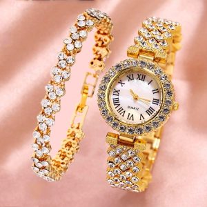 Roman Pattern Diamond Ladies Quartz Watch, Color: Gold+Bracelet