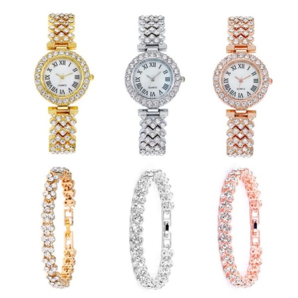 Roman Pattern Diamond Ladies Quartz Watch, Color: Gold+Bracelet - Image 2