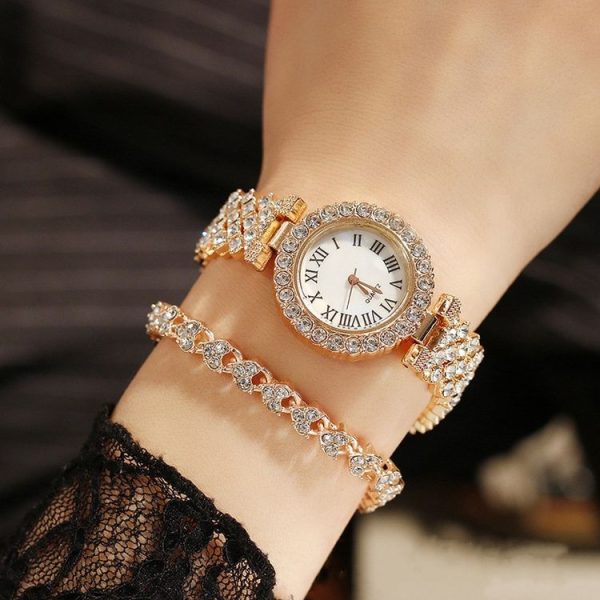 Roman Pattern Diamond Ladies Quartz Watch, Color: Rose Gold+Bracelet - Image 5