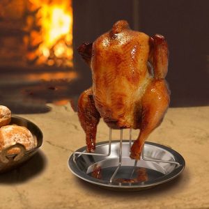 Outdoor Camp Thickening Barbecue Grill Roasting Chicken Rack Roasting Chicken Pan (Stainless Steel)
