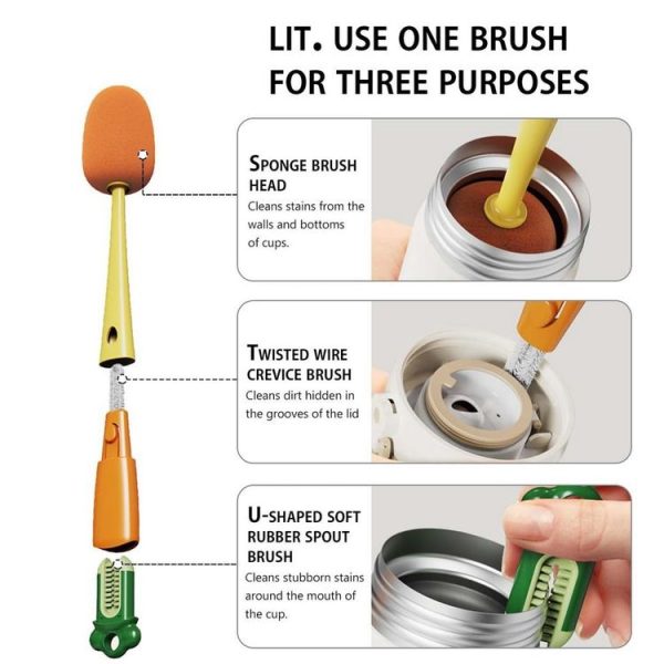 Long Handle Household Multifunctional Cup Washing Brush Carrot Shape 3 In 1 Cleaning Brush (Green) - Image 13