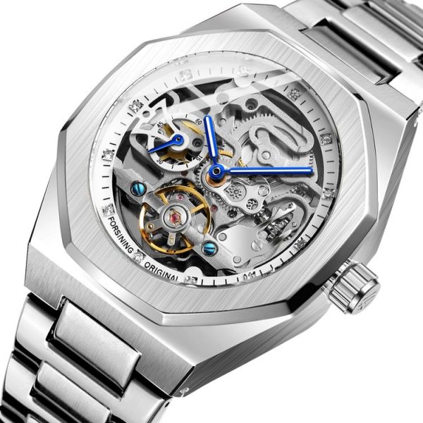 FORSINING F980 Luminous Three Eye Six Shot Weekly Steel Belt Men Fully Automatic Mechanical Watch (Silver Belt White Face)