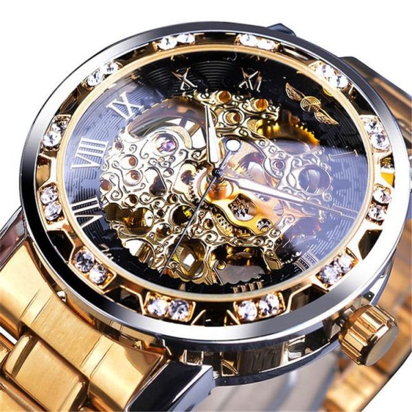 Winner Leisure Skeleton Diamond Luminous Pointer Watch Men Manual Mechanical Watch (Gold Belt Gold Shell Gold Face)
