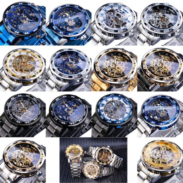 Winner Leisure Skeleton Diamond Luminous Pointer Watch Men Manual Mechanical Watch (Gold Belt Gold Shell Gold Face) - Image 2