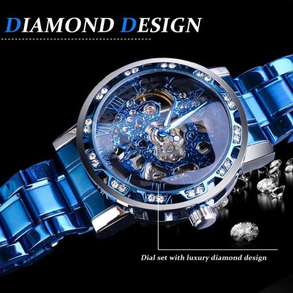Winner Leisure Skeleton Diamond Luminous Pointer Watch Men Manual Mechanical Watch (Gold Belt Gold Shell Gold Face) - Image 3