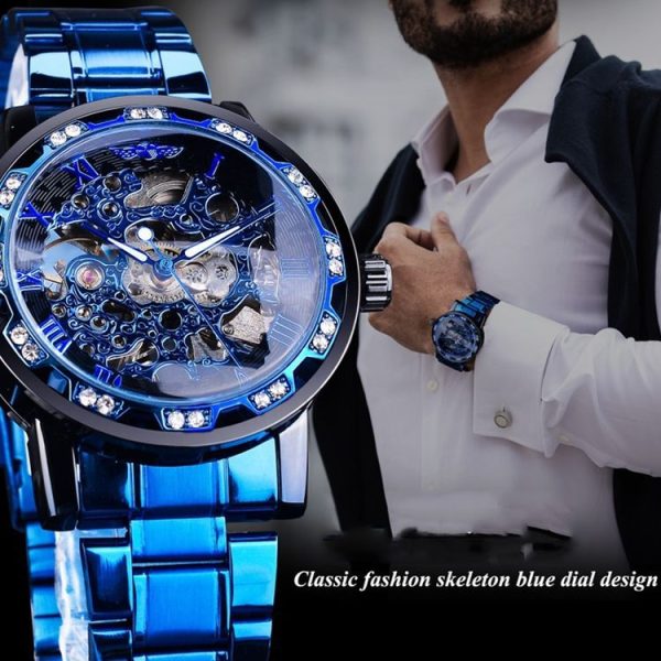 Winner Leisure Skeleton Diamond Luminous Pointer Watch Men Manual Mechanical Watch (Gold Belt Gold Shell Gold Face) - Image 6