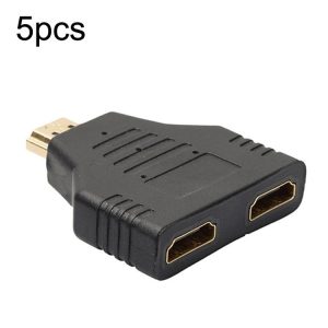 5pcs HDMI Male To 2 HDMI Female Adapter HD Computer Conversion Transformation Plug (Black)