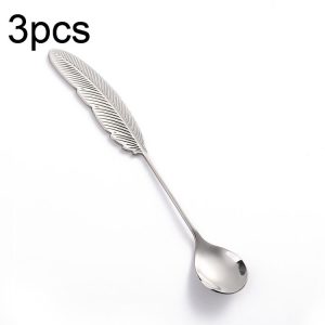 304 Stainless Steel Feather Spoon Fork Literary Tableware, Style: 3pcs Spoon-True Color