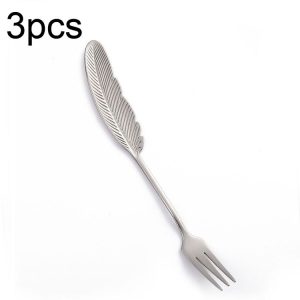 304 Stainless Steel Feather Spoon Fork Literary Tableware, Style: 3pcs Fork-True Color