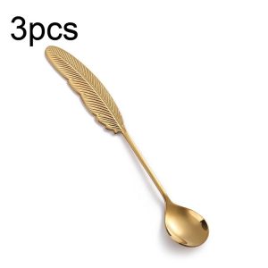 304 Stainless Steel Feather Spoon Fork Literary Tableware, Style: 3pcs Spoon-Titanium Gold