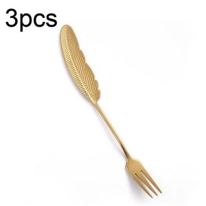 304 Stainless Steel Feather Spoon Fork Literary Tableware, Style: 3pcs Fork-Titanium Gold