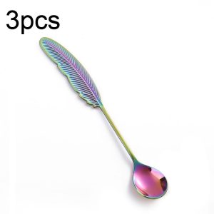 304 Stainless Steel Feather Spoon Fork Literary Tableware, Style: 3pcs Spoon-Dazzle