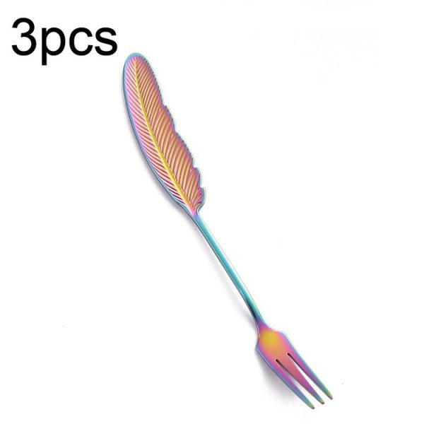 304 Stainless Steel Feather Spoon Fork Literary Tableware, Style: 3pcs Fork-Dazzle