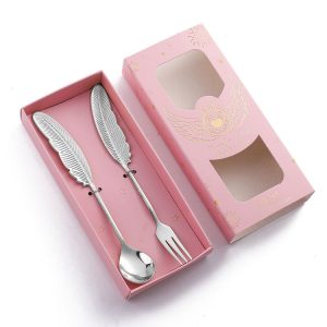 304 Stainless Steel Feather Spoon Fork Literary Tableware, Style: 2 In 1 True Color -Pink Box