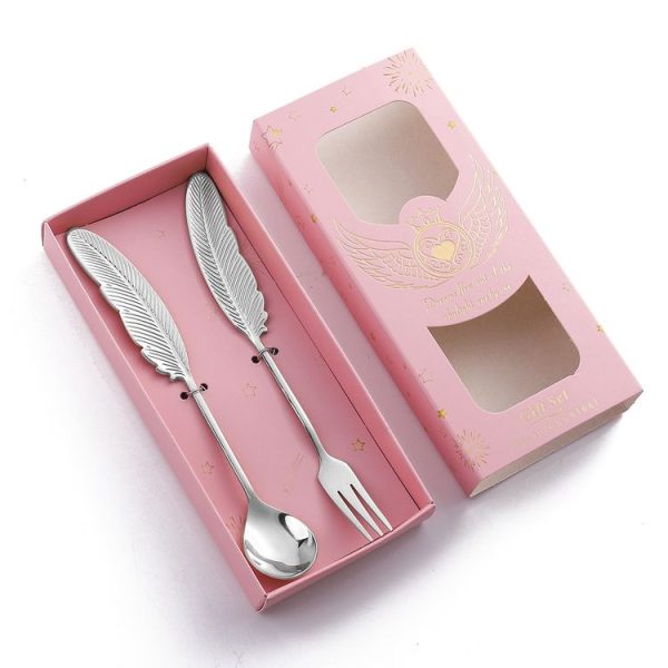 304 Stainless Steel Feather Spoon Fork Literary Tableware, Style: 2 In 1 True Color -Pink Box