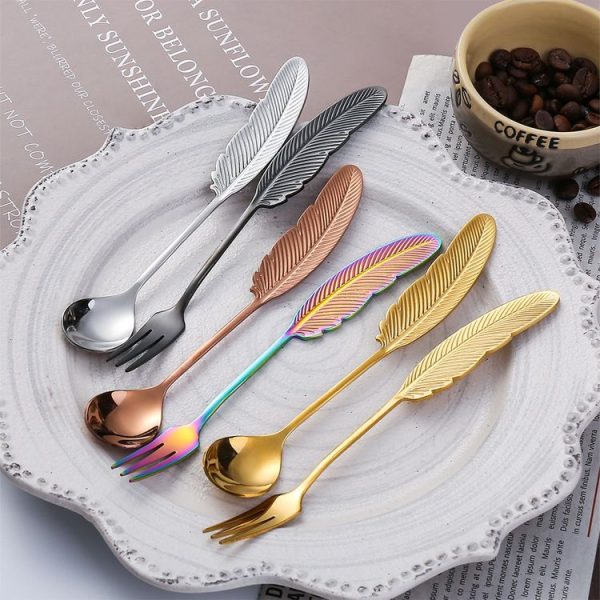 304 Stainless Steel Feather Spoon Fork Literary Tableware, Style: 2 In 1 True Color -Pink Box - Image 4