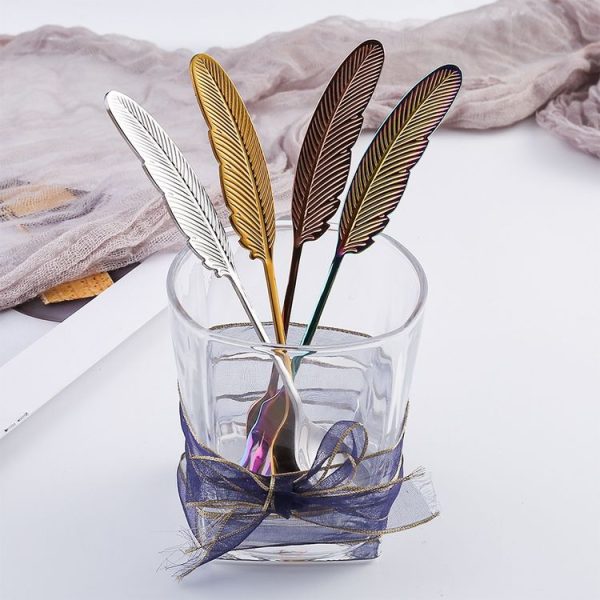 304 Stainless Steel Feather Spoon Fork Literary Tableware, Style: 2 In 1 True Color -Pink Box - Image 5