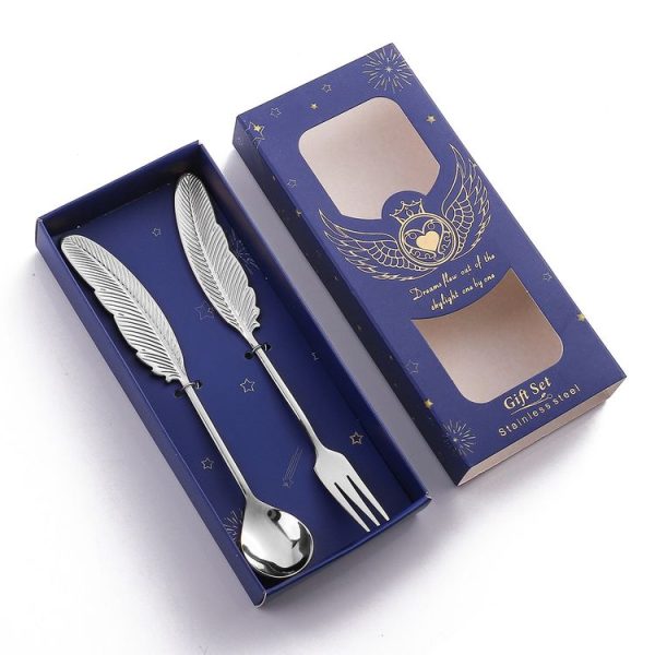 304 Stainless Steel Feather Spoon Fork Literary Tableware, Style: 2 In 1 True Color- Blue Box