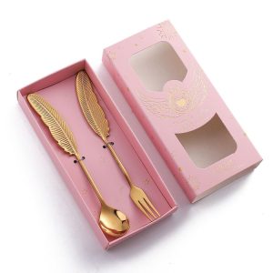 304 Stainless Steel Feather Spoon Fork Literary Tableware, Style: 2 In 1 Titanium -Pink Box