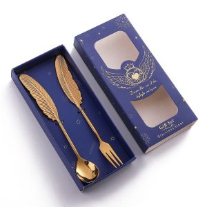 304 Stainless Steel Feather Spoon Fork Literary Tableware, Style: 2 In 1 Titanium-Blue Box