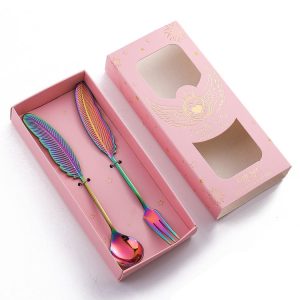 304 Stainless Steel Feather Spoon Fork Literary Tableware, Style: 2 In 1 Dazzle-Pink Box