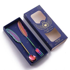 304 Stainless Steel Feather Spoon Fork Literary Tableware, Style: 2 In 1 Dazzle-Blue Box