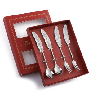 304 Stainless Steel Feather Spoon Fork Literary Tableware, Style: 4 In 1 True Color -Red Box