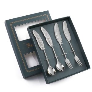 304 Stainless Steel Feather Spoon Fork Literary Tableware, Style: 4 In 1 True Color -Green Box