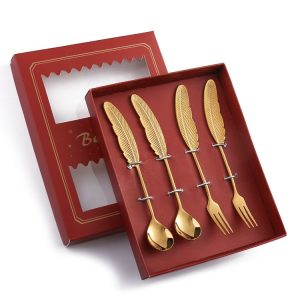 304 Stainless Steel Feather Spoon Fork Literary Tableware, Style: 4 In 1 Titanium-Red Box