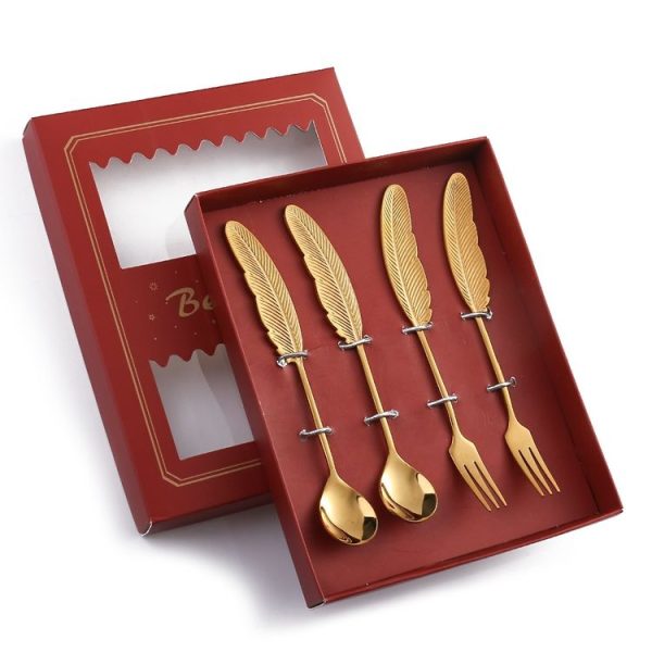 304 Stainless Steel Feather Spoon Fork Literary Tableware, Style: 4 In 1 Titanium-Red Box